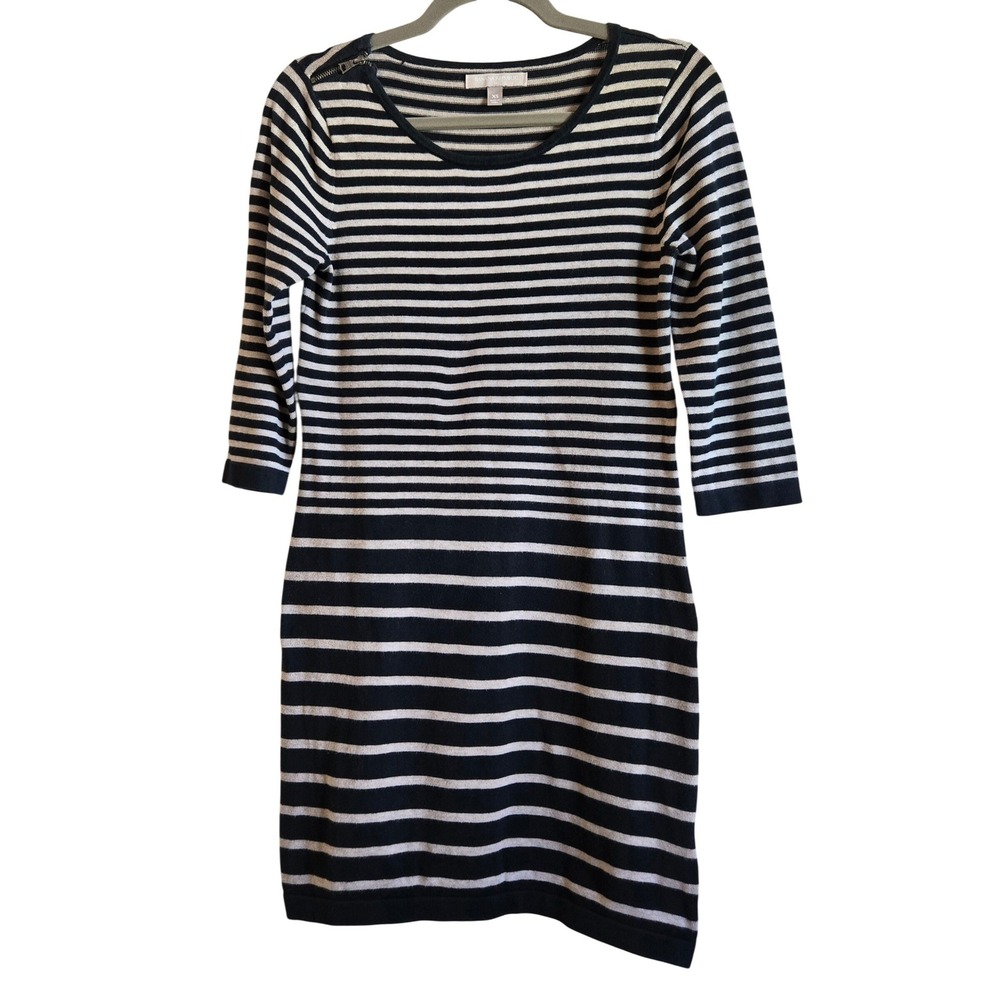 Banana Republic Womens XS Black Cream Striped Cotton Knit Dress Shoulder Zip